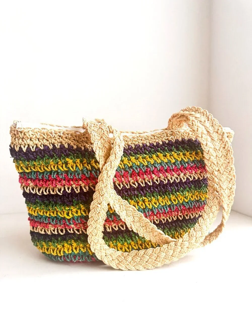 Vintage Sisal Woven Multicolor Basket Bag